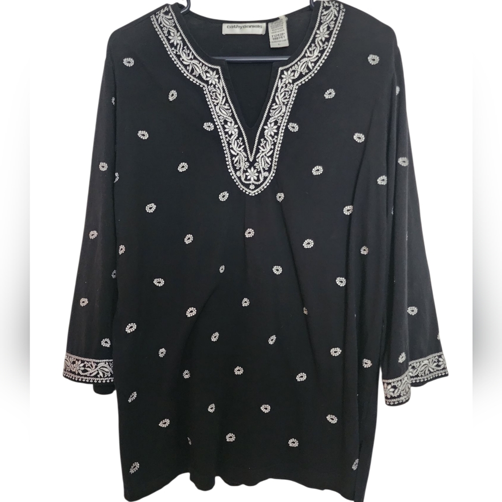 Cathy Daniels Black Cotton Boho White Embroidery V-neck Top SZ Large